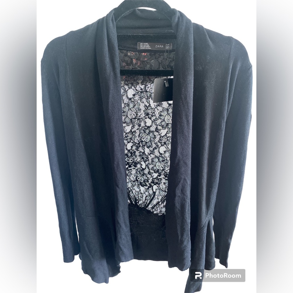 Zara Lace Back Black Cardigan Sweater Size Large Ruched Open Ribbed Long Sleeve